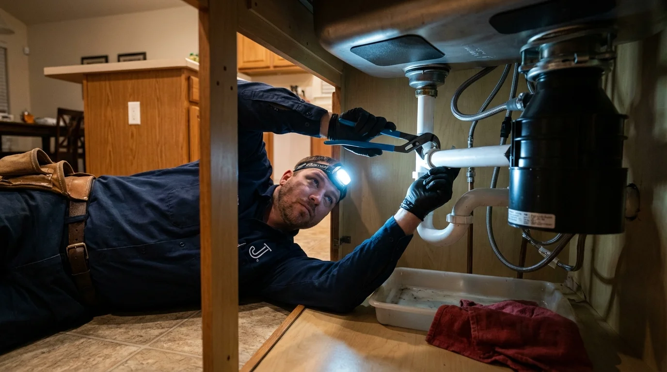 P-trap and supply line connections under a kitchen sink showing a common leak point in Rogersville, MO